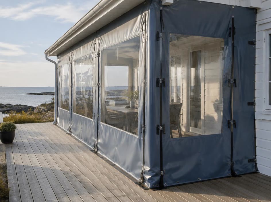 Terrassen- und Wintergarten-Schutzplane aus Planenstoff mit transparenten Folienfenstern