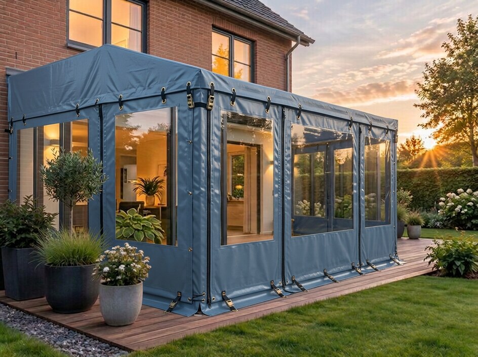 Terrassen- und Wintergarten-Schutzplane aus Planenstoff mit transparenten Folienfenstern